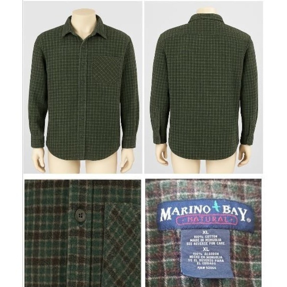 Marino‎ Bay Men XL Flannel Shirt Green Plaid Corduroy Texture Casual